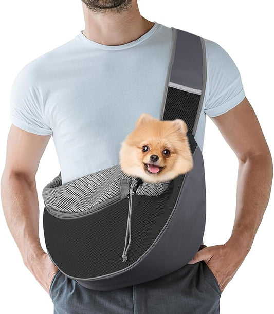 Pawaboo Pet Dog Sling Carrier, Hand Free Drawstring Dog Papoose with Adjustable Strap, Breathable Mesh Bag for Puppy Cat, Crossbody Satchel Dog Purse with Pocket for Outdoor, Dark Gray+Black, Large