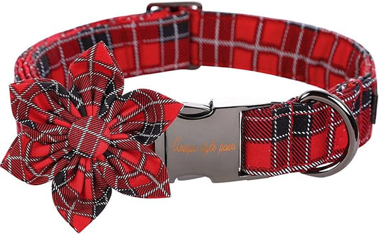 Unique style paws Christmas Dog Collar with Flower Tie Red Black Grid Cotton Collar Adjustable Puppy Plaid Collar for Small Medium Large Dogs-XL