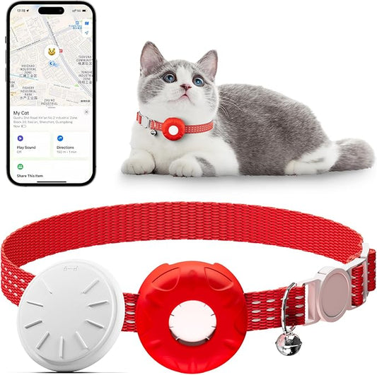 Cat Tracker, Pet Tracker for Cats, Cat GPS Tracker Collar with Safety Elastic Buckle, GPS Tracker Compatible with Apple Find My App (Only iOS), No Monthly Fee, Waterproof, Red