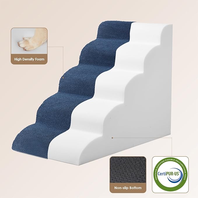 EHEYCIGA Curved Dog Stairs Ramp for High Beds 22.6" H, 5-Step Dog Steps for Small Dogs and Cats, Pet Stairs for High Bed Climbing, Non-Slip Balanced Pet Step Indoor, Navy