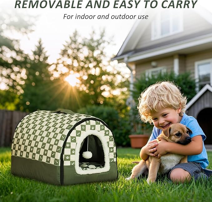 Dog House Indoor, Cozy Dog Cave Bed with Door Curtain, Cushion Mat, Removable and Washable Cover, Multi-Purpose Covered Dog Bed & Cat House for Cats and Small Dogs