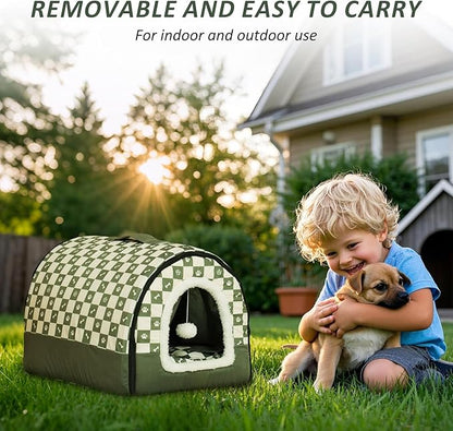 Dog House Indoor, Cozy Dog Cave Bed with Door Curtain, Cushion Mat, Removable and Washable Cover, Multi-Purpose Covered Dog Bed & Cat House for Cats and Small Dogs
