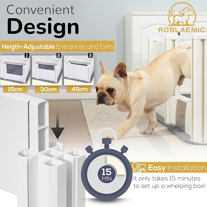 2 Room Whelping Box for Dogs and Puppies with Rails, 96" L x 48" W x 19" H, Suitable for Large/Extra Large Dogs, White