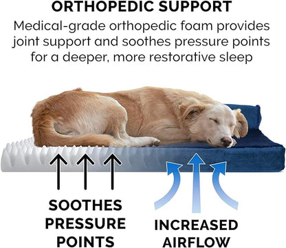 Furhaven Orthopedic Dog Bed for Large/Medium Dogs w/ Removable Bolsters & Washable Cover, For Dogs Up to 55 lbs - Plush & Velvet L Shaped Chaise - Deep Sapphire, Large