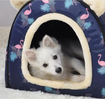 Cat Bed or Dog Bed,2 Ways to Use,Indoor Pet House with Fluffy Mat,Removable and Washable Cover,Splash-Proof House and Non-Slip Bottom,for Cats and Small Dogs(S Flamingo)