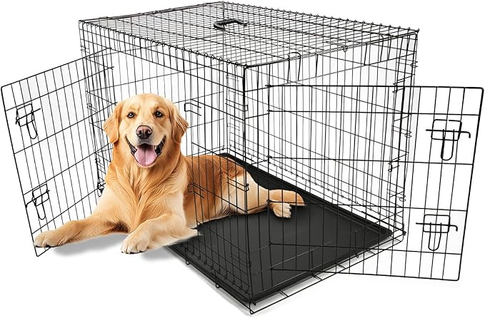 Wire Dog Crate Large 42 inches w/Divider Double Door,Heavy Duty, Collapsible and Portable Folding Metal Kennel, Removable Tray, Indoor/Outdoor,Black