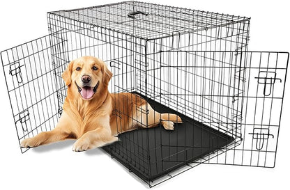 Wire Dog Crate Large 42 inches w/Divider Double Door,Heavy Duty, Collapsible and Portable Folding Metal Kennel, Removable Tray, Indoor/Outdoor,Black