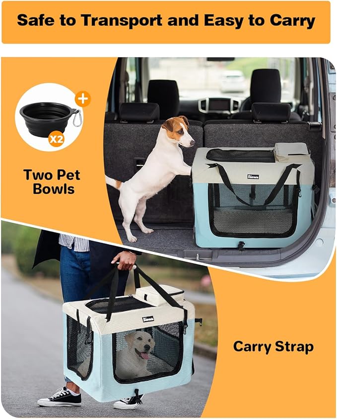 Extra Large Dog Crate with 2 Foldable Bowl, 32 Inch Collapsible Travel Dog Crate Kennel with Soft Blanket for Medium Dogs,Indoor & Outdoor (32" L x 23" W x 23" H, Blue)