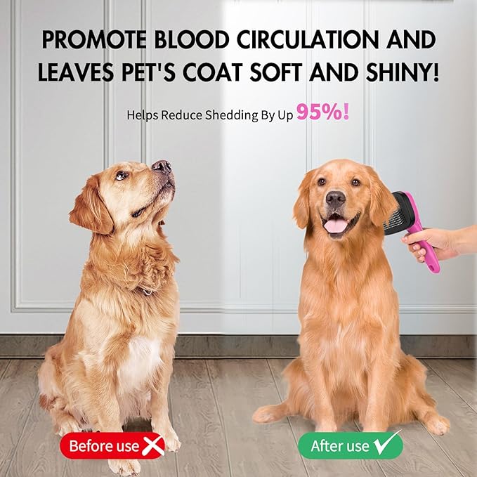 Dog Self Cleaning Slicker Brush for Shedding, Ideal for Short Long Haired Dogs, Including Cat. Removes Loose Fur, Undercoat, Mats, Tangled Hair. Suit for Large Medium Small Animal, Pink