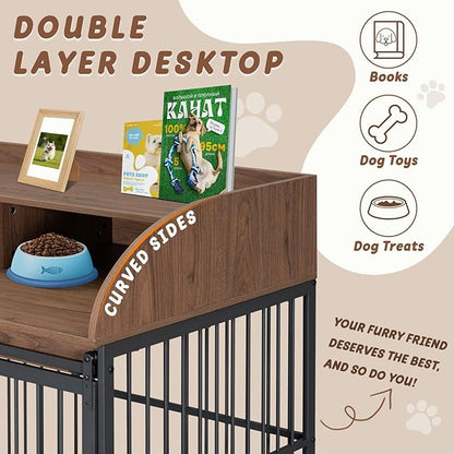 Merax 44" Heavy Duty Large Medium Dog Crate, Wooden Metal Kennel Pet Cage with Lockable Wheels & End Table Double Layer Storage Indoor Furniture, Brown