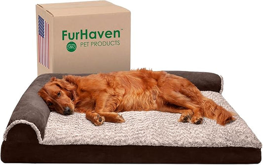 Furhaven Memory Foam Dog Bed for Large Dogs w/ Removable Bolsters & Washable Cover, For Dogs Up to 95 lbs - Two-Tone Plush Faux Fur & Suede L Shaped Chaise - Espresso, Jumbo/XL