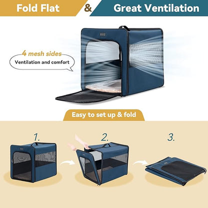 PETSFIT Portable Dog Crate, Dog Travel Crate - 31 Inch with Thicken Mat, Easy to Fold, Sturdy and Portable, Perfect for Traveling, Foldable Dog Crate Navy Blue