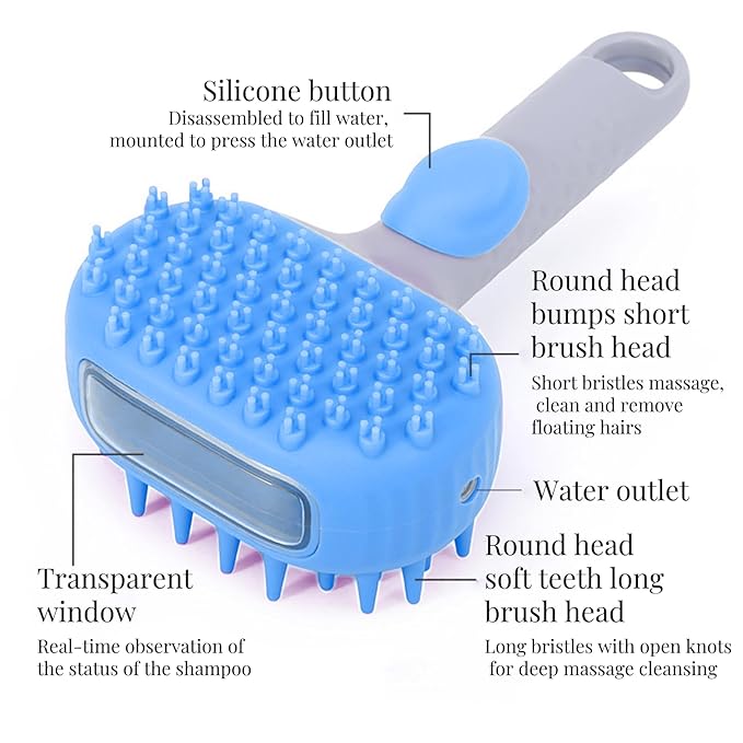 QMEAKMONY Dog Bath Brush Shampoo Brush Scrubber for Bath with Soap Dispenser Soft Bristles Deep Cleaning Ergonomic Handle for Grooming Shedding and Long Short Haired Dogs (Blue)