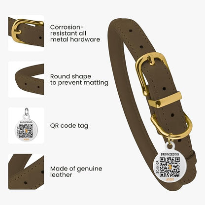 BRONZEDOG Rolled Leather Dog Collar with QR ID Tag Adjustable Soft Round Collars for Small Medium Large Dogs Puppy Cat (14" - 17" Neck Size, Nut Brown)