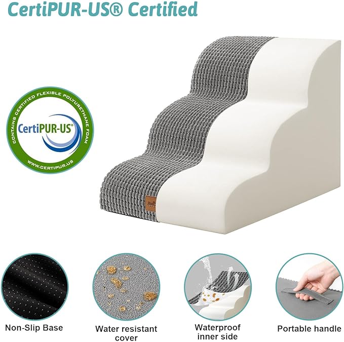 Dog Stairs for Small Dogs, Curved Pet Step with Leakproof Cover, High Density Foam Cat Ramp for Bed or Sofa, Lightweight, Durable, Comfort, 15.7x22.4x15.7 inch, 3 Tiers, Light Grey