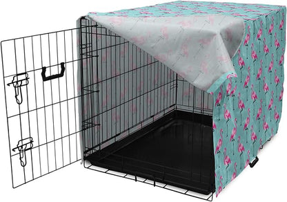 Lunarable Turquoise Dog Crate Cover, Repetitive Pink Flamingos on Wavy Water Background Vivid Colors Graphic, Easy to Use Pet Kennel Cover for Medium Large Dogs, 48 Inch, Pink Seafoam