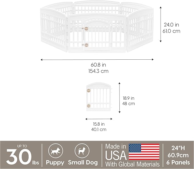 IRIS USA 24" 6-Panel Dog Playpen with Door, 61 x 61 x 24, Puppy Playpen, Dog Play Pen Indoors, Pet Fence, Small/Medium Pets, White