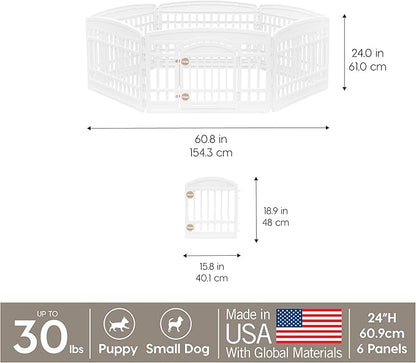 IRIS USA 24" 6-Panel Dog Playpen with Door, 61 x 61 x 24, Puppy Playpen, Dog Play Pen Indoors, Pet Fence, Small/Medium Pets, White