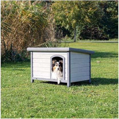 Trixie Natura Classic Dog House Small Outdoor Wooden Dog House with Weatherproof Sealer & Hinged Roof, Adjustable Legs for Small Dogs in Grey 23.75 x 33.5 x 23 in
