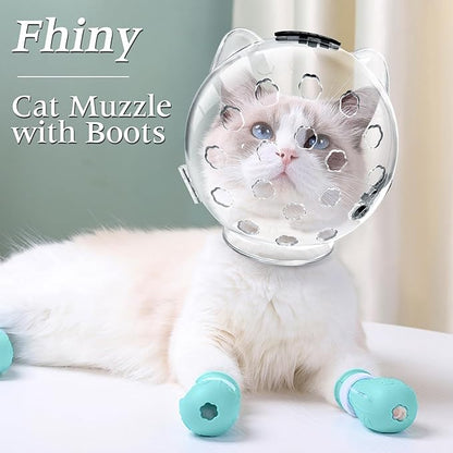 Fhiny Cat Muzzle,Transparent Helmet with 4 Boots Adjustable Breathable Kitty Hood Anti Bite Bubble Astronaut Mask Silicone Claw Covers for Cats Bathing Shaving Grooming (Medium)