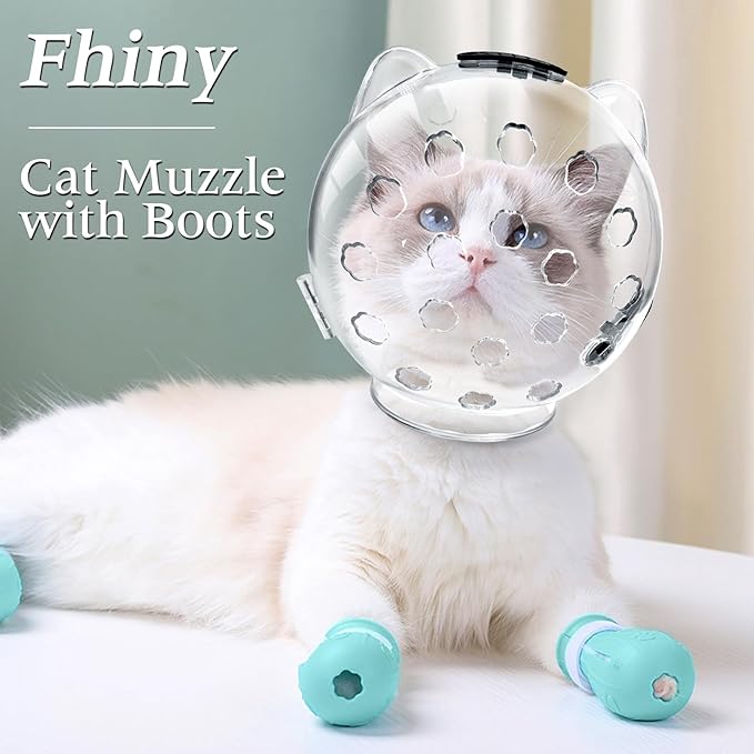 Fhiny Cat Muzzle,Transparent Helmet with 4 Boots Adjustable Breathable Kitty Hood Anti Bite Bubble Astronaut Mask Silicone Claw Covers for Cats Bathing Shaving Grooming (Small)