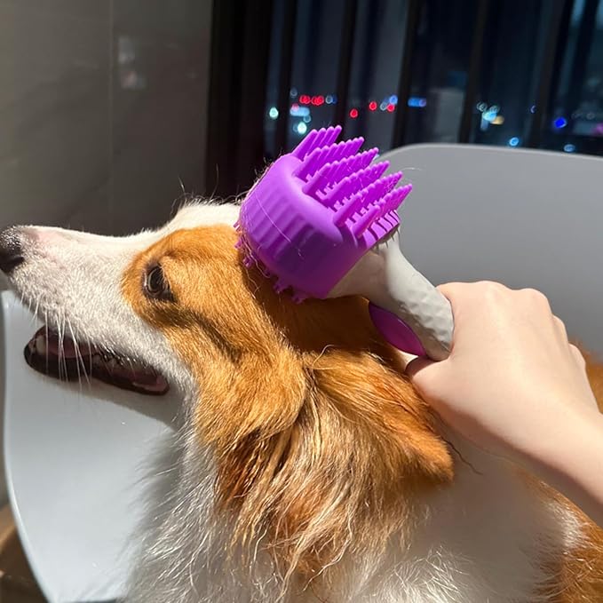 QMEAKMONY Dog Bath Brush Shampoo Brush Scrubber for Bath with Soap Dispenser Soft Bristles Deep Cleaning Ergonomic Handle for Grooming Shedding and Long Short Haired Dogs (Purple)