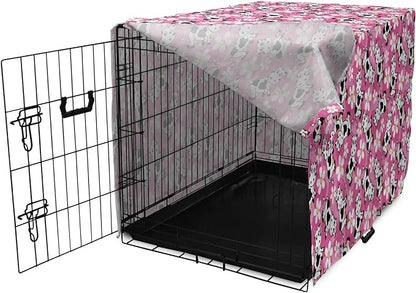 Lunarable Cow Dog Crate Cover, Cartoon Pattern Domestic Farm Animal and Daisy Flowers, Easy to Use Pet Kennel Cover for Cats & Medium Dogs, 24 Inch, Pink Charcoal Grey