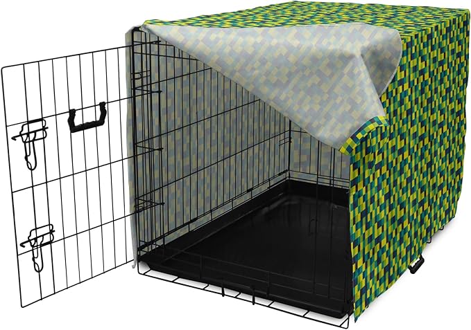 Lunarable Yellow and Blue Dog Crate Cover, Vivid Colored Squares Funky Simple Retro Style Grid Tile, Easy to Use Pet Kennel Cover for Medium Large Dogs, 42 Inch, Petrol Blue Lime Green