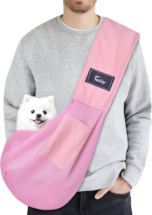 CUBY Dog and Cat Sling Carrier, Hands Free Reversible Pet Papoose Bag, Soft Pouch Adjustable, Suitable for Puppy Cats for Outdoor Travel (Pink Mesh, one Size mesh)