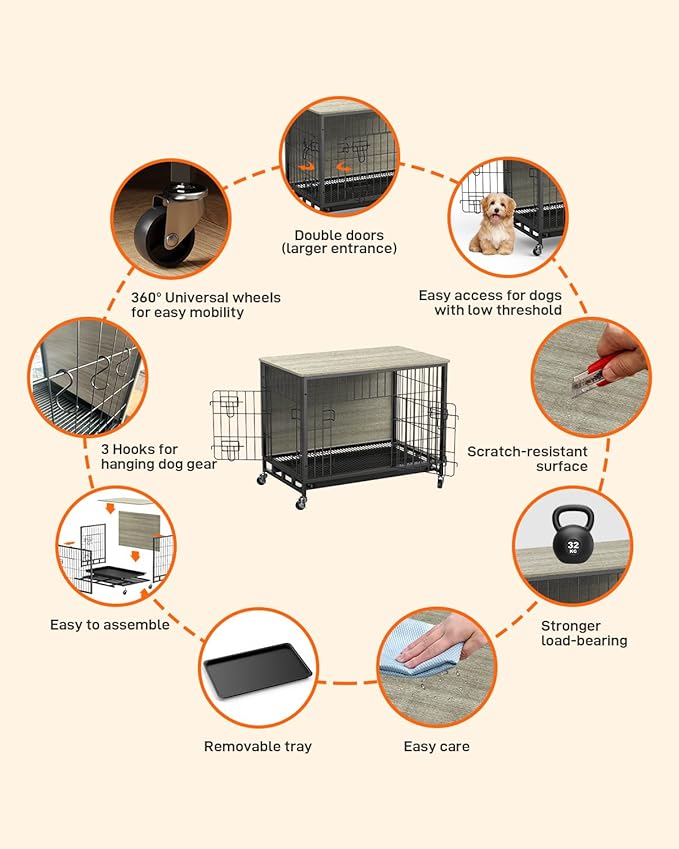 2024 New Dog Crate Furniture, Chic 32.5" Medium-Sized Dog Crate with Dual Access, Seamless Cleaning, Interior Style Boost, Robust & Mobile Design for The Modern Pet, Rustic Gray