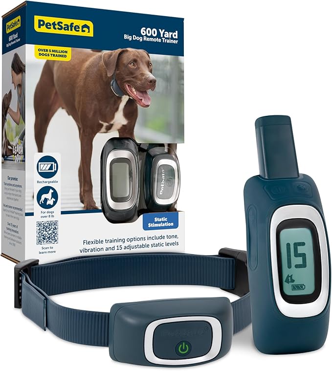PetSafe 600 Yard Remote Training Collar – Choose from Tone, Vibration, or 15 Levels of Static Stimulation – Medium Range Option for Training Off Leash Dogs – Waterproof and Durable – Rechargeable