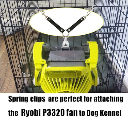 Dog Kennel Fan Hanging Utility Straps for Ryobi P3320 Fan Holder, Waterproof Dog Crate Fan Strap with Swivel Spring Clips Suitable for Any Kennel, Black