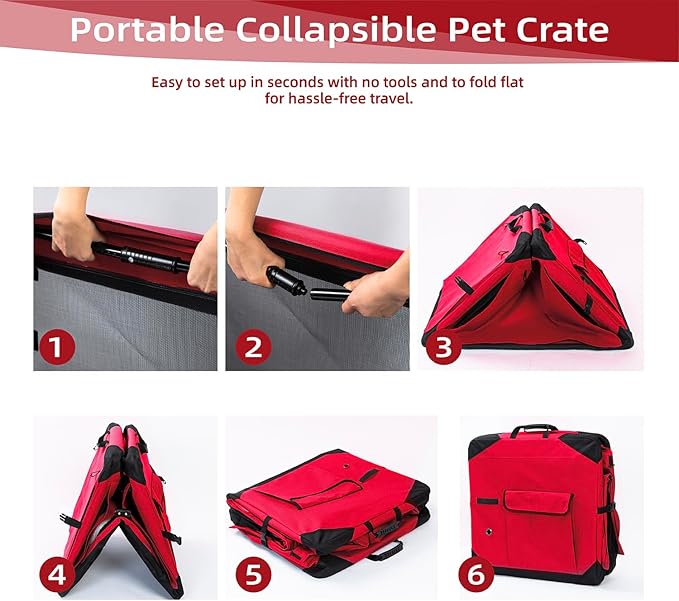 Pettycare 26 Inch Collapsible Dog Crate with Curtains Travel Dog Crate for Airflow and Calm Soft Pet Kennel with Portable Bag and More Chew Proof Mesh Indoor & Outdoor Red 4 Door Curtains