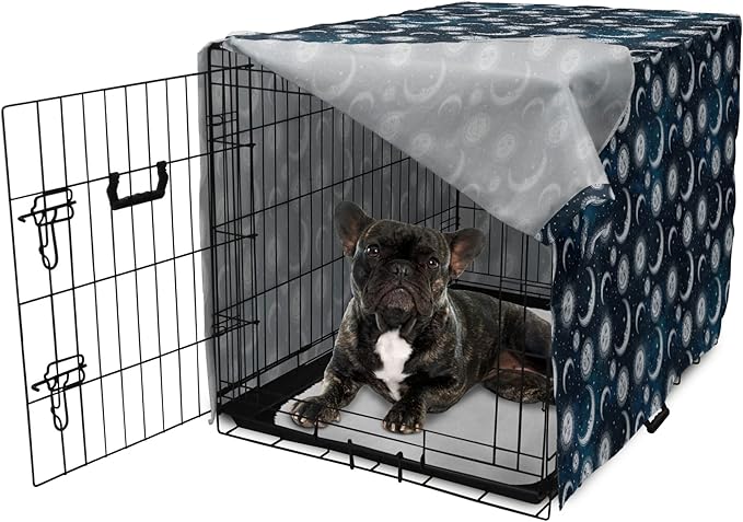 Ambesonne Sun and Moon Dog Crate Cover, Heavenly Bodies in Starry Night Sky Graphic Theme, Easy to Use Pet Kennel Cover for Cats & Medium Dogs, 24 Inch, Blue Grey