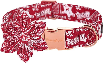 Unique style paws Christmas Dog Collar with Flower Tie Winter Gingerbread Snowman Theme Puppy Collar for Small Medium Large Dogs-L