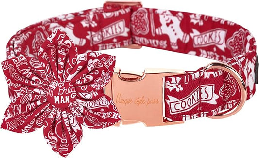 Unique style paws Christmas Dog Collar with Flower Tie Winter Gingerbread Snowman Theme Puppy Collar for Small Medium Large Dogs-L