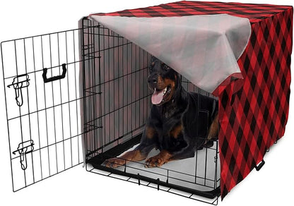 Lunarable Buffalo Plaid Dog Crate Cover, Grid Style Illustration with Horizontal Lines Pattern Diamond, Easy to Use Pet Kennel Cover for Medium Large Dogs, 42 Inch, Orange and Charcoal Grey