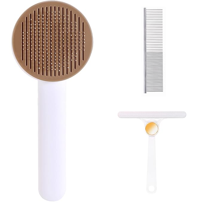 Self Cleaning Slicker Brush for Cat or Dog, Pet Grooming Brush for Long or Short Hair, Dog comb For One Button Gently Removes Loose Undercoat and Shedding Hair (Coffee)