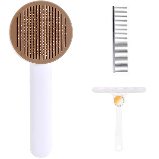 Self Cleaning Slicker Brush for Cat or Dog, Pet Grooming Brush for Long or Short Hair, Dog comb For One Button Gently Removes Loose Undercoat and Shedding Hair (Coffee)