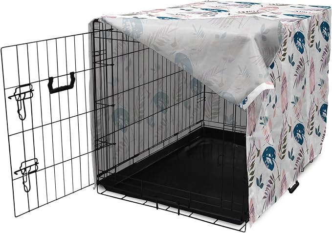 Ambesonne Leaves Dog Crate Cover, Abstract Foliage in Pastel Colors Tropical Jungle Forest Plants with Grunge Effect, Easy to Use Pet Kennel Cover for Medium Large Dogs, 30 Inch, Petrol Blue Baby Pink