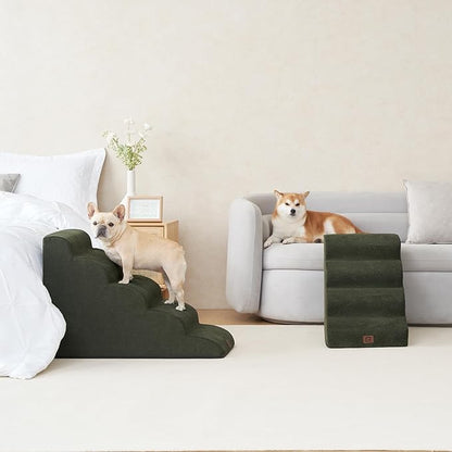 EHEYCIGA Curved Dog Stairs Ramp for High Beds 19.7" H, 4-Step Dog Steps for Small Dogs and Cats, Pet Stairs for High Bed Climbing, Non-Slip Balanced Pet Step Indoor, Olive Green