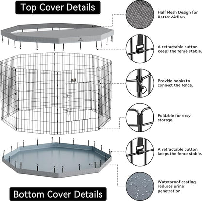 PJYuCien Puppy Playpen，8 Panels 36”H Dog Playpen with Gery Bottom Pad and Grey Top Cover，Metal Foldable Dog Exercise Pen for Indoor，Better for Small Pets,Grey