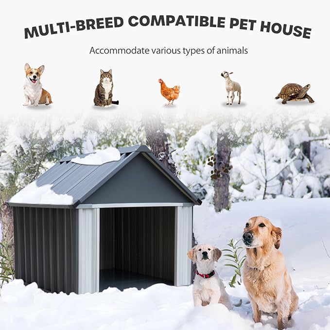 Metal Dog House for Outdoor Indoor, Dog Crates Outside for Small/Medium/Large Dogs, Weather & Water Resistant Easy Assemble Puppy Shelter for Cat, Chicken, Duck (43 x 43 x 44 in, Grey)