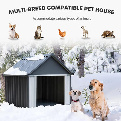 Metal Dog House for Outdoor Indoor, Dog Crates Outside for Small/Medium/Large Dogs, Weather & Water Resistant Easy Assemble Puppy Shelter for Cat, Chicken, Duck (43 x 43 x 44 in, Grey)