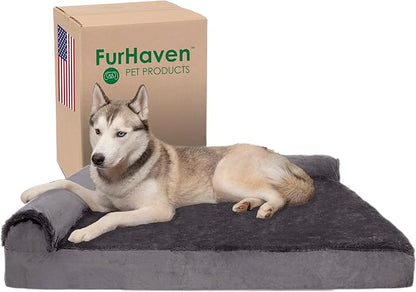 Furhaven Memory Foam Dog Bed for Large Dogs w/ Removable Bolsters & Washable Cover, For Dogs Up to 95 lbs - Plush & Velvet L Shaped Chaise - Platinum Gray, Jumbo/XL