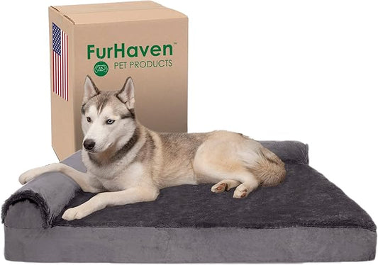 Furhaven Memory Foam Dog Bed for Large Dogs w/ Removable Bolsters & Washable Cover, For Dogs Up to 95 lbs - Plush & Velvet L Shaped Chaise - Platinum Gray, Jumbo/XL