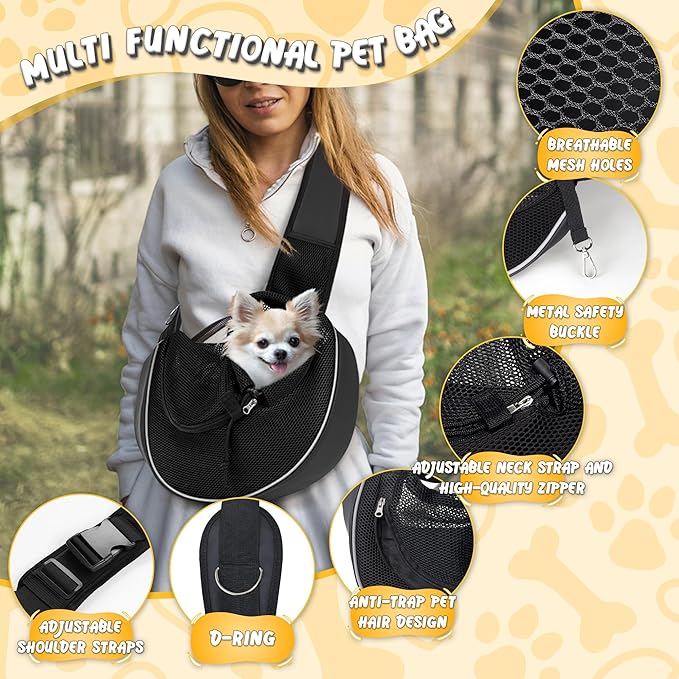 WOYYHO Dog Sling Carrier - Adjustable Strap,Hard Bottom,Large Zip Pocket,Breathable Mesh - Suitable for Puppies Outdoor Travel (Black M)