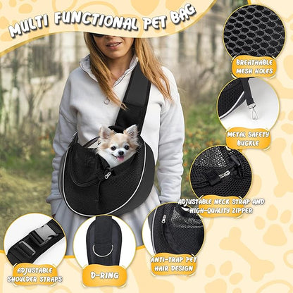 WOYYHO Dog Sling Carrier - Adjustable Strap,Hard Bottom,Large Zip Pocket,Breathable Mesh - Suitable for Puppies Outdoor Travel (Black M)