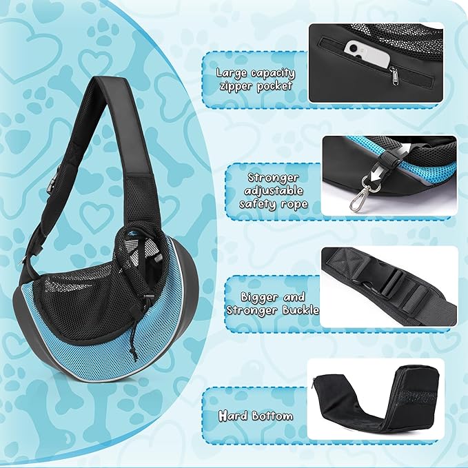 WOYYHO Dog Sling Carrier - Adjustable Strap,Hard Bottom,Large Zip Pocket,Breathable Mesh - Suitable for Puppies Outdoor Travel (Cyan M)