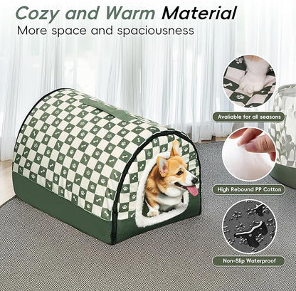 Dog House Indoor, Cozy Dog Cave Bed with Door Curtain, Cushion Mat, Removable and Washable Cover, Multi-Purpose Covered Dog Bed & Cat House for Kitten Puppy Rabbit